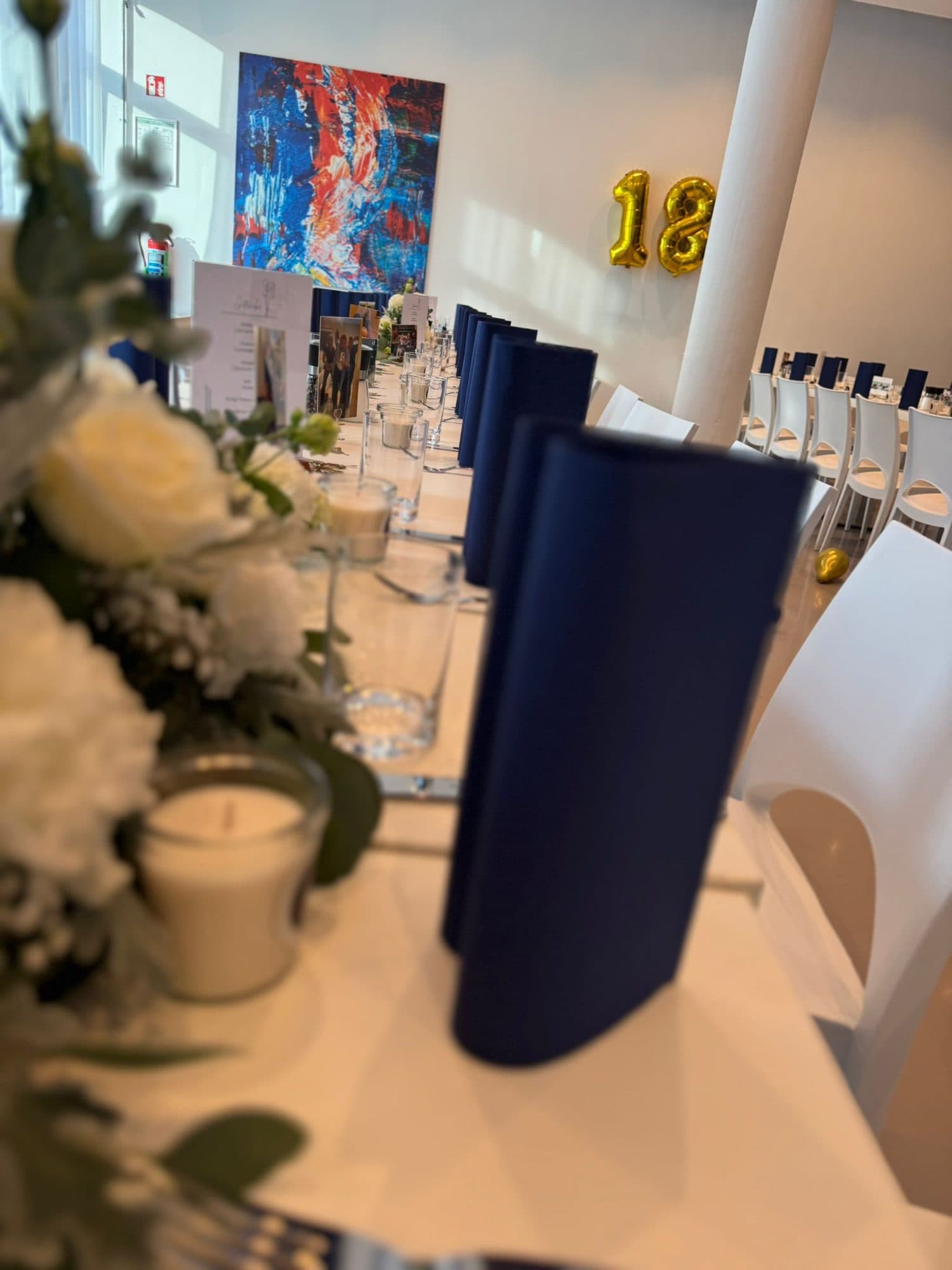 Tischdeko mit Zahl 18 und Blumen in der Eventlocation REST2RENT Hamburg