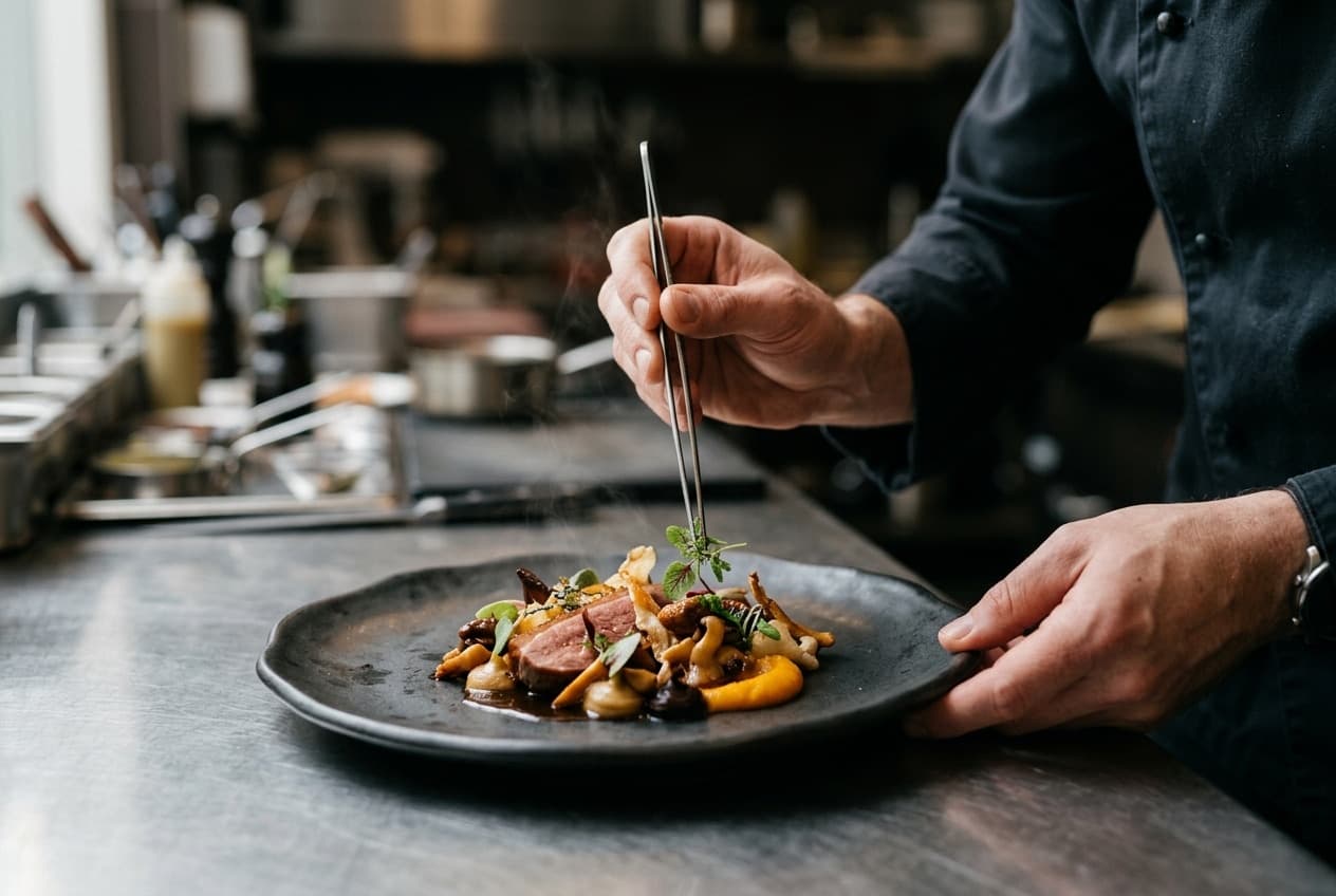 Chef plating a modern dish — live cooking from the Kitchen Area at the REST2RENT event venue Hamburg