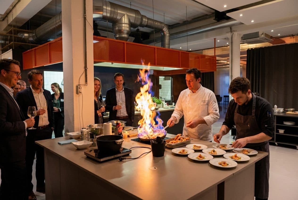 Koch beim Flambieren an der Kochinsel der Eventlocation REST2RENT Hamburg