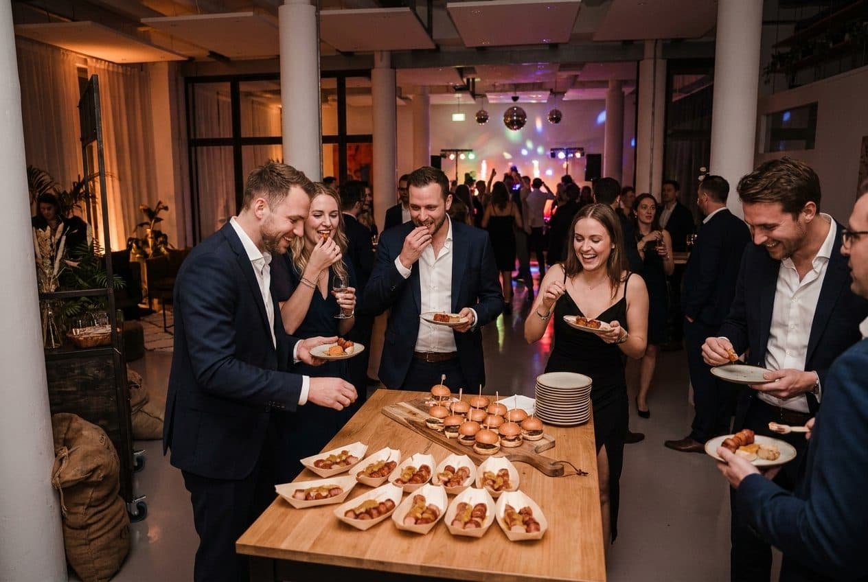 Mitternachtssnack mit Mini-Burgern und Currywurst bei einer Party in der Eventlocation REST2RENT Hamburg