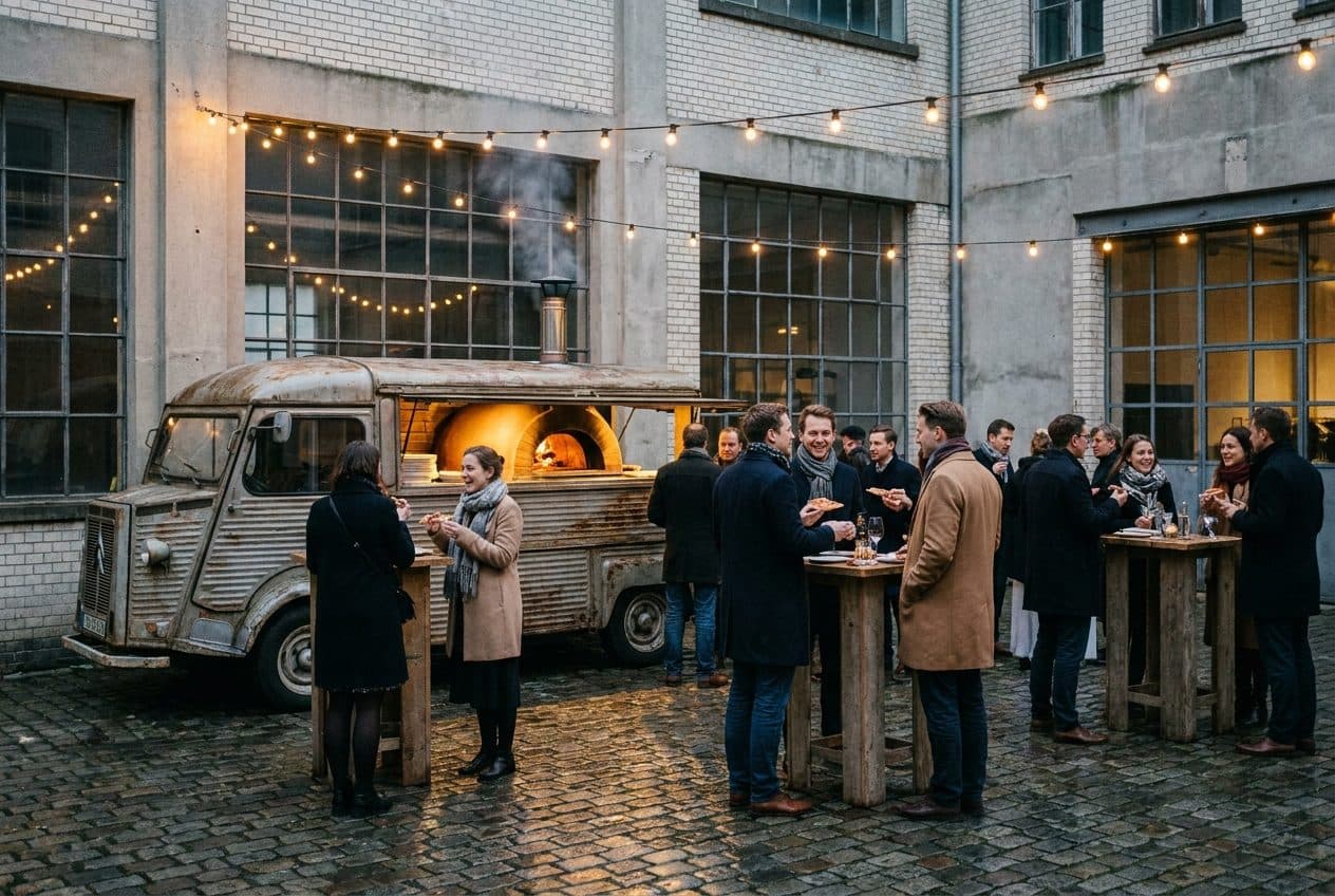 Pizza food truck in the courtyard of REST2RENT event venue Hamburg