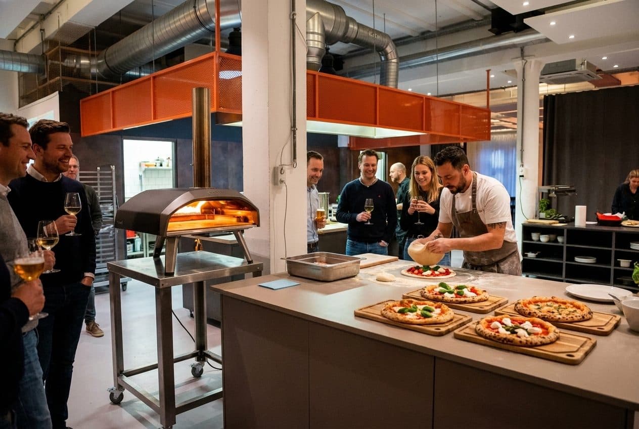 Pizzaiolo am Holzofen in der Kitchen Area der Eventlocation REST2RENT Hamburg