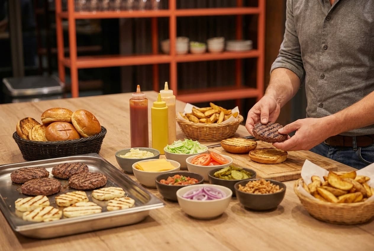 Visualisation: burger bar with patties, halloumi, buns, toppings and wedges to build yourself