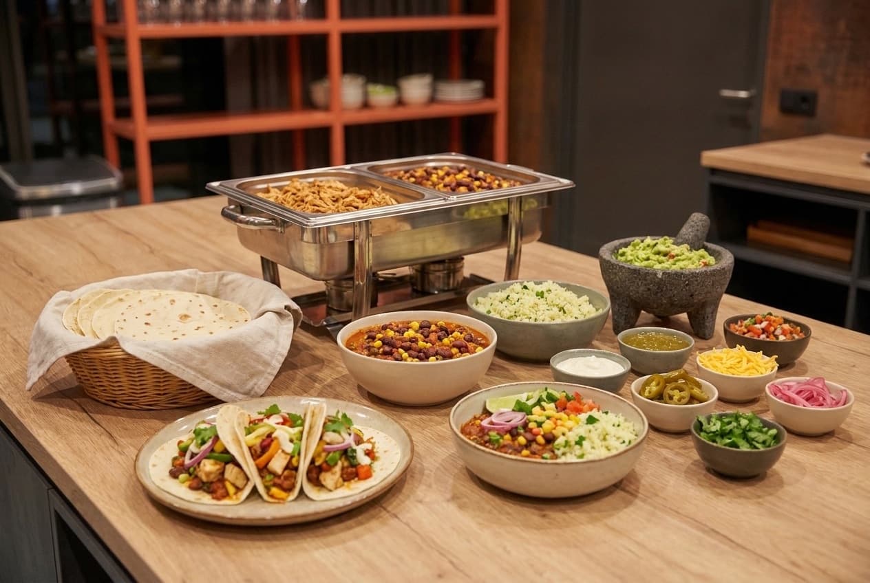Visualisation: taco & bowl station with tortillas, pulled chicken, chili sin carne, rice and guacamole