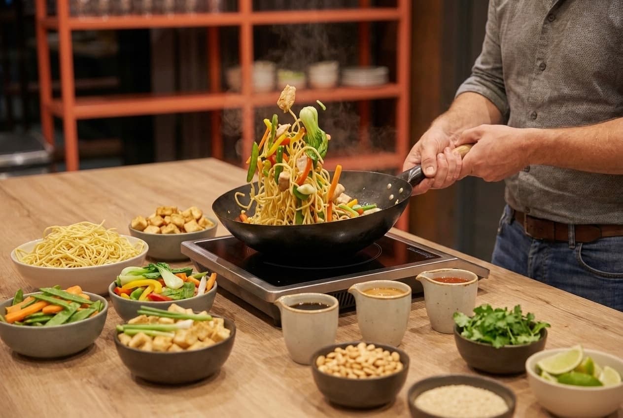 Visualisation: wok station with prepared noodles, vegetables, tofu and sauces at the Kitchen Area