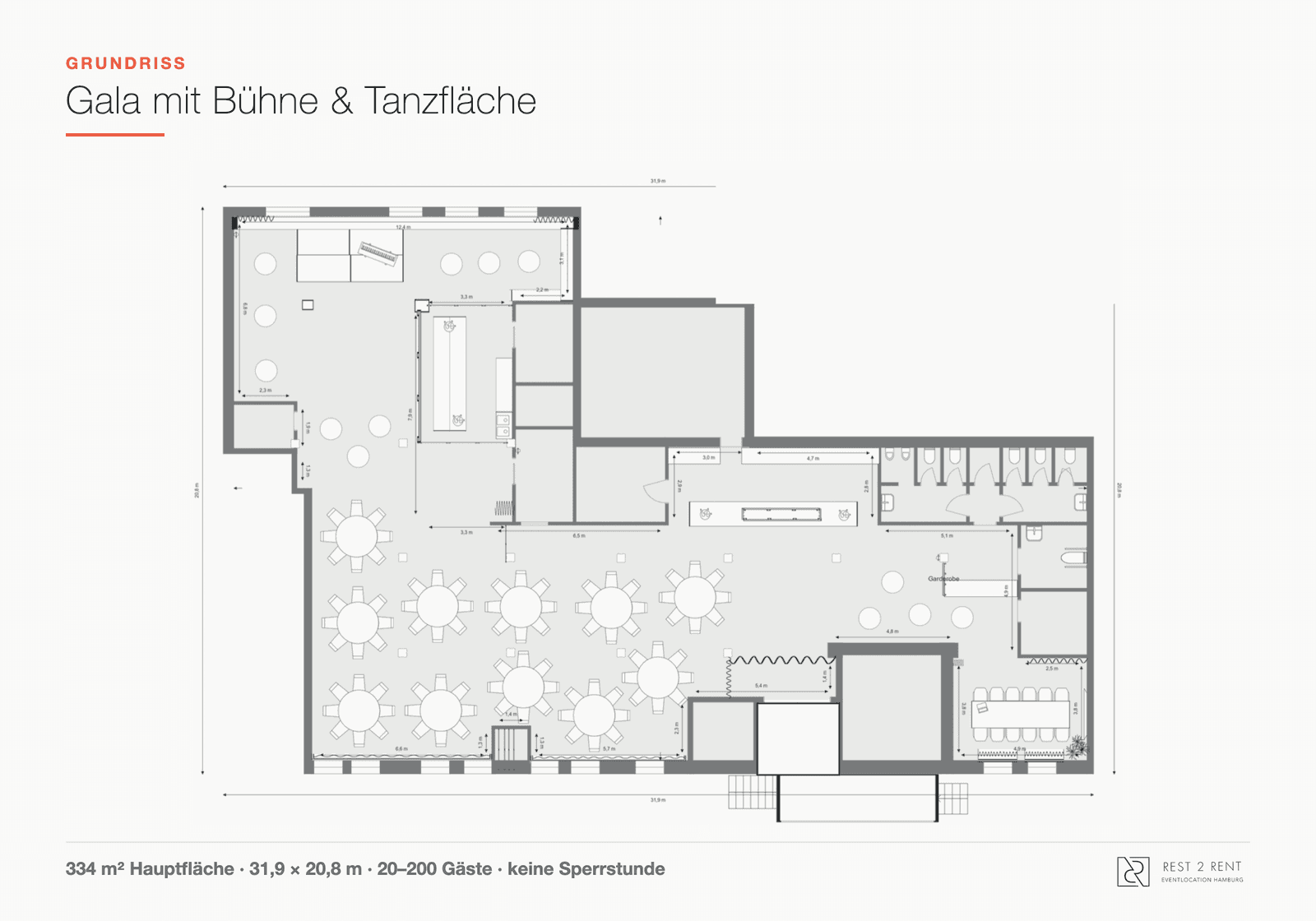 Grundriss-Beispiel mit Gala-Bestuhlung, Rundtischen, Bühne und Tanzfläche im REST2RENT Hamburg