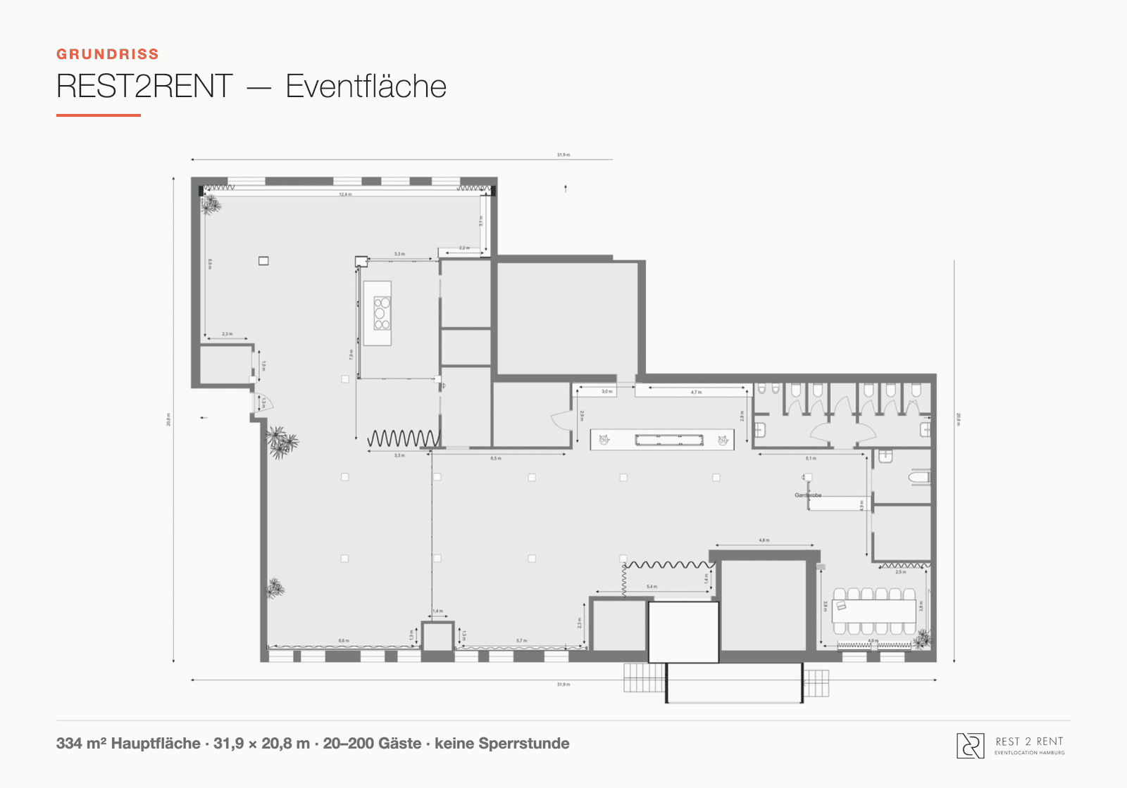 Maßstabsgetreuer Grundriss der leeren 400-m²-Eventfläche im REST2RENT Hamburg mit allen Maßen